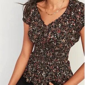 Old Navy Black Floral Smocked Blouse